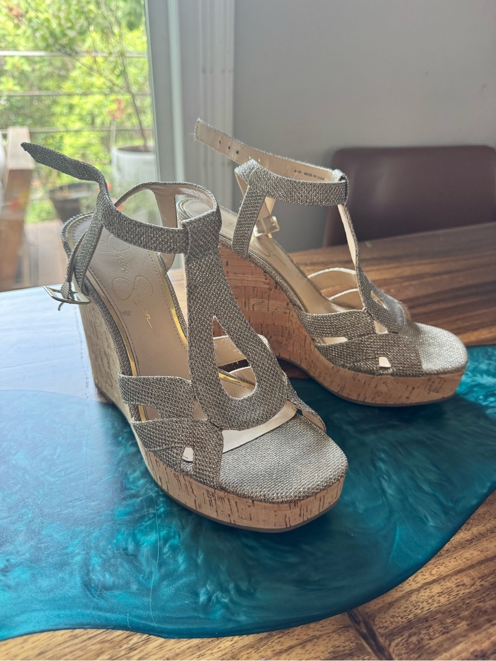 Jessica Simpson Metallic Gold Cork Platform Wedge Sandals